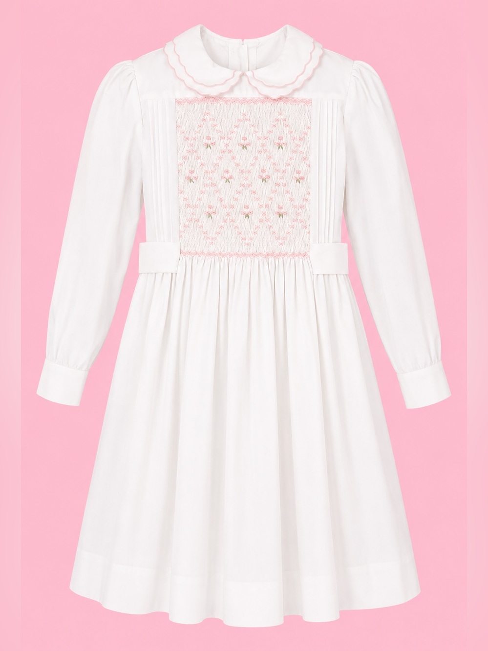 Vintage 80s White Smocked Long-Sleeve Girls Dress with Pink Embroidery